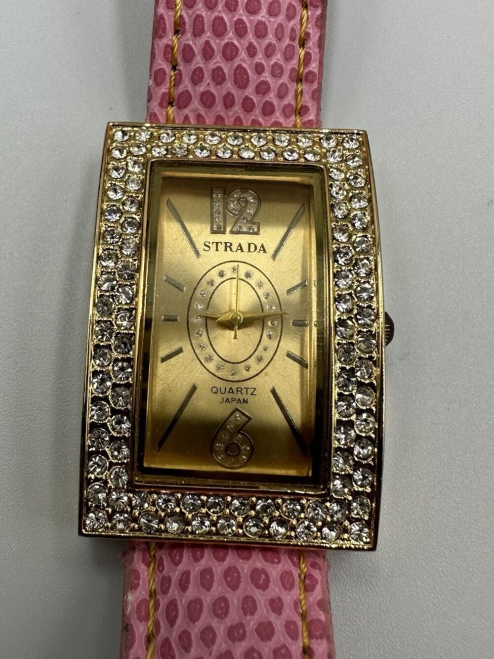 3/$30 Strada Watch Women Gold Tone Pink Faux Band Crystal Bling Bezel 9โ